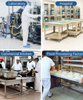 Rock Solid Workhorse 4 Inch Stainless Steel Casters Jam Packed With Thermoplastic Rubber Wheels For Heavy Duty Labor In Labs Or Shops Handles Up To 1200 Lbs shown in use across laboratories, hospitals, kitchens, and food factories.