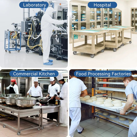 Rock Solid Workhorse 4 Inch Stainless Steel Casters Jam Packed With Thermoplastic Rubber Wheels For Heavy Duty Labor In Labs Or Shops Handles Up To 1200 Lbs shown in use across laboratories, hospitals, kitchens, and food factories.