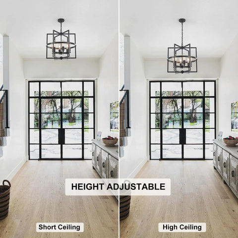 Height adjustable chandelier for short and high ceilings in modern hallway with glass doors and wooden floor.