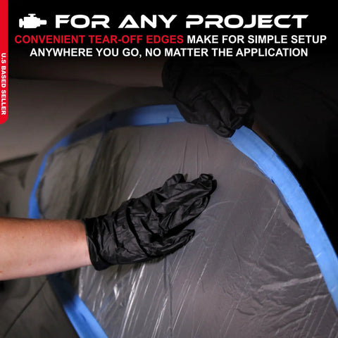 Clear Plastic Sheeting 10 Micron 20x250 Ft Protective Masking Film used for automotive painting with tear-off edges.