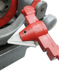 Close-up of the Heavy Duty Electric Pipe Threader for Half To Two Inch Npt Metal Pipes showing red handle and cast iron die.