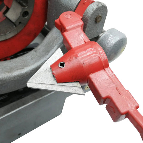 Close-up of the Heavy Duty Electric Pipe Threader for Half To Two Inch Npt Metal Pipes showing red handle and cast iron die.