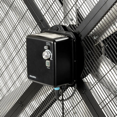 Close-up of the control panel on Hardcore 8 Foot Mobile Industrial Cooling Barrel Fan with six aluminum blades and variable speed motor.