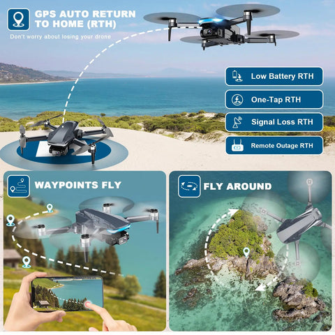 Dope GPS Drone With 2K Camera For Grownups showcasing auto return, waypoint fly, and fly around features over scenic landscapes.