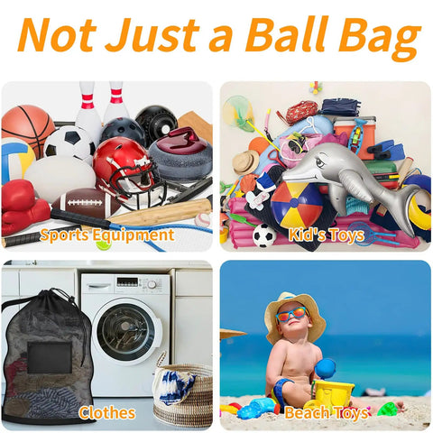 Massive Mesh Ball Bag For Coaches, Heavy Duty Drawstring Storage Sack With sports equipment, toys, clothes, beach items.