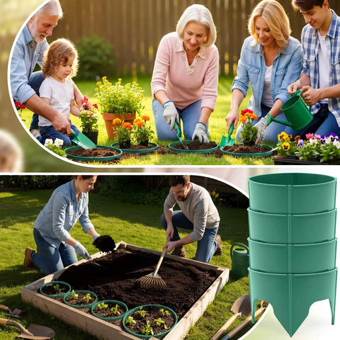 Must Have 80 Piece Adjustable Interlocking Plant Rings Kit With Mallet For Garden Beds, shown used by people in a garden.