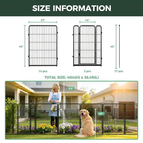 Heavy Duty Outdoor Garden Fence For The Yard, 40 Inch High By 36.2 Foot Long Metal Animal Barrier For Dogs, No Dig Decorative Dog Fence, 16 Panels, Black, Perfect For Pets And Gardens shown installed in yard with person and dog.