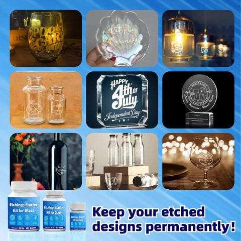 Collage of etched glassware and bottles using 2.8oz Glass Etching Kit With High Adhesion Stencils Easy To Use Do It Yourself Matte Glass Designs
