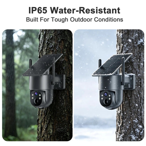 No Fuss Off Grid 4G LTE Cellular Wireless Security Camera For Remote Cabins Ranches And Pastures Straight Synced To Your Phone Without Wi Fi Or Complicated Wiring Setup mounted on tree, showcasing IP65 water resistance in rain and snow.