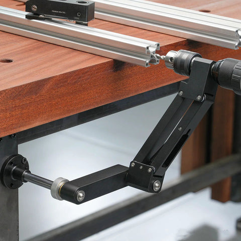 Tapping Cantilever Bracket with CNC Aluminum Alloy Robotic Arm 130mm Stroke mounted on a workbench for pipe tapping and threading.