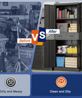 Heavy Duty Metal Garage Storage Cabinet With Locking Doors And Two Adjustable Shelves, Tall Black Lockable Tool File Cabinet For Garage, Shop, Office And Warehouse, 71 Inch High in garage before and after