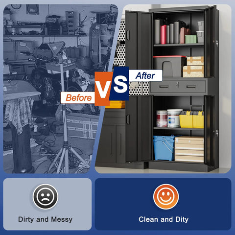 Heavy Duty Metal Garage Storage Cabinet With Locking Doors And Two Adjustable Shelves, Tall Black Lockable Tool File Cabinet For Garage, Shop, Office And Warehouse, 71 Inch High in garage before and after