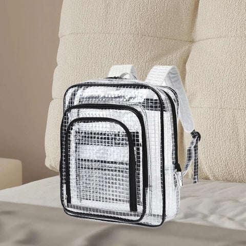 Heavy Duty Tool Backpack With Transparent Mesh Pockets For Tech Pros And Mechanics Durable Anti Static PVC Cleanroom Storage Organizer Built Tough Hella Spacious Black on a bed.