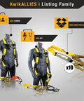 KwikALLIES safety harnesses and lanyard kits displayed with hooks and gear; includes two mannequins in safety gear.