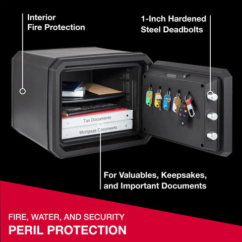 Beefy Fireproof And Waterproof Safe With Backlit Digital Keypad And Override Key For Passports Money Jewelry And Important Documents 0.81 Cubic Feet Of Secure Protection shown open with documents and keys inside.