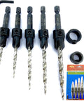 Adjustable Wood Countersink Drill Bit Set For Precise Woodworking, 5 Piece with hex shank, depth stop collars, and packaging