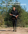 Man walking with Two Point Shotgun Sling For 12 Gauge With 15 Round Capacity And 8 Round Butt Stock Premium Quick Detach Tactical Strap