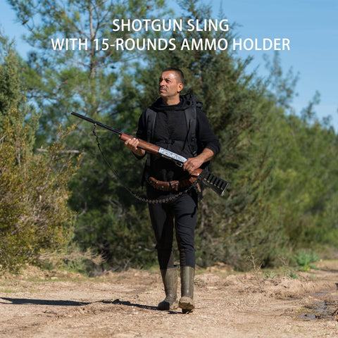 Man walking with Two Point Shotgun Sling For 12 Gauge With 15 Round Capacity And 8 Round Butt Stock Premium Quick Detach Tactical Strap