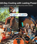 People using 40000mAh Camping Fan With LED Light Remote And Hook Rechargeable Oscillating Tent Fan For Power Outs Travel RV Job Site Orange Battery Bank for cooling and lighting outdoors.