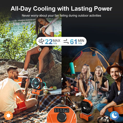 People using 40000mAh Camping Fan With LED Light Remote And Hook Rechargeable Oscillating Tent Fan For Power Outs Travel RV Job Site Orange Battery Bank for cooling and lighting outdoors.
