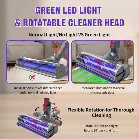 Green LED light and rotatable cleaner head for Upgrade Vacuum Brush Roller Head For V7 To V15 Cordless Vacuums with anti-tangle design