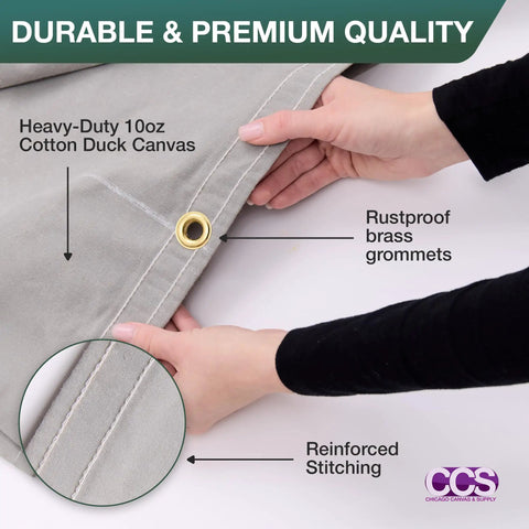 Hands holding a grey Waterproof Waxed Canvas Tarp Cover Heavy Duty Duck Cloth with rustproof brass grommets, showing details.