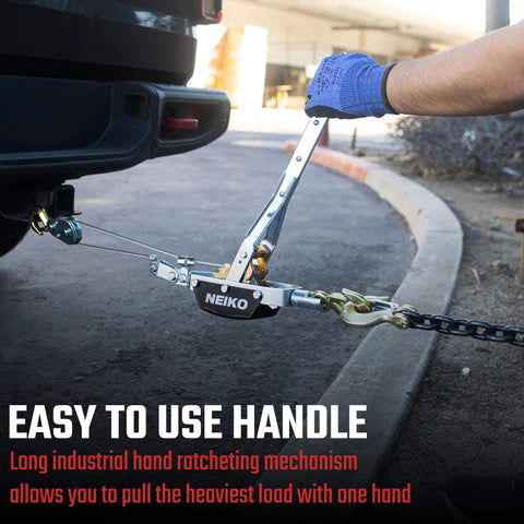 3 Ton Come Along Winch With 9.8 Ft Hand Cable And Dual Gear System attached to vehicle bumper