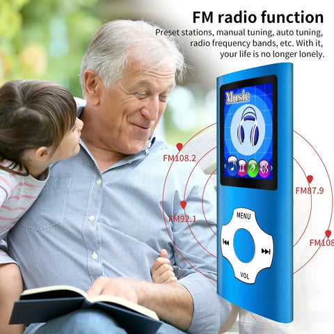 Portable MP3 MP4 Player With 1.8 Inch LCD Screen And 64GB TF Card Slot Dark Blue Easy On The Go Music Player shown with FM radio