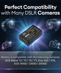 Fresh LP E10 Camera Batteries Two Pack For Canon EOS Rebel T3 T5 T6 T7 1100mAh battery with camera compatibility graphic