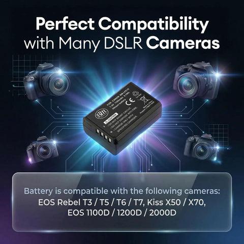 Fresh LP E10 Camera Batteries Two Pack For Canon EOS Rebel T3 T5 T6 T7 1100mAh battery with camera compatibility graphic