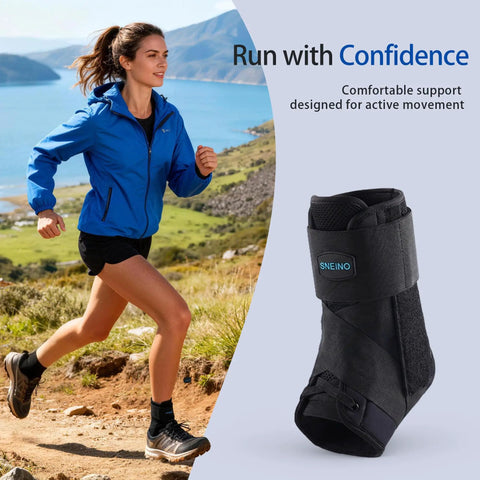 Woman running outdoors wearing jacket next to Ultimate 360 Degree Ankle Support Brace For Men And Women Lace Up Neoprene Ankle Wrap