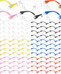 Bulk Pack Of 96 Pairs Clear Safety Glasses With Six Color Frames For Adults Unisex Eye Protection Goggles Durable Impact Resistant Protective Eyewear For Work Home DIY Or School Use arranged on display