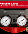 Six Gallon Pancake Air Compressor With 150 Psi Output And 2.6 Cfm Flow, Rock Hard Steel Tank, Padded Carry Strap, Non Slip Base, Hella Reliable Shop Beast For Weekend Grinds And Tailgate Tools In Vibrant Red pressure gauges showing PSI for tank and tool.