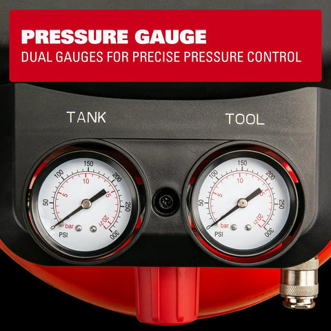 Six Gallon Pancake Air Compressor With 150 Psi Output And 2.6 Cfm Flow, Rock Hard Steel Tank, Padded Carry Strap, Non Slip Base, Hella Reliable Shop Beast For Weekend Grinds And Tailgate Tools In Vibrant Red pressure gauges showing PSI for tank and tool.