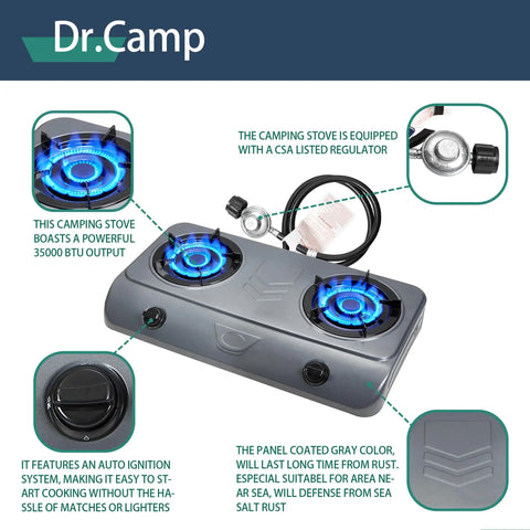 Image showing the 35000 BTU Two Burner Propane Gas Stove Cooktop For Outdoor Camping with blue flames, CSA regulator, and controls.