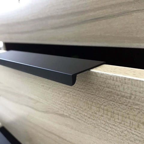 Heavy Duty Black Aluminum Drawer Edge Pulls 10 Pack Concealed Tab Handles For Kitchen And Garage Cabinets Quick Tap Install shown on drawer