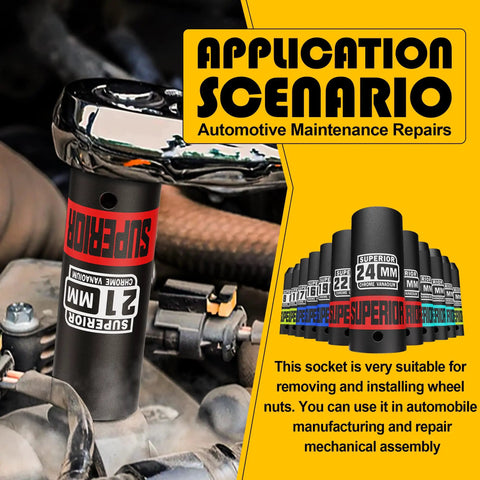 14 Piece One Half Inch Drive Impact Socket Set Built Strong For High Torque, 8 mm To 22 mm Deep Sockets in automotive use