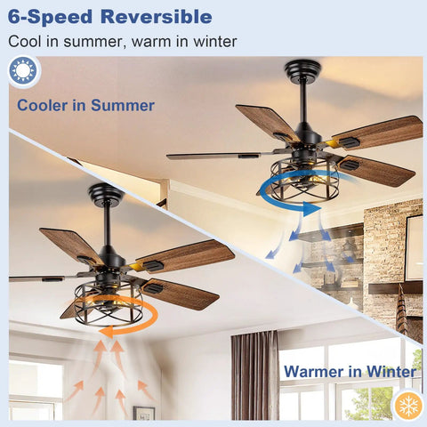 Rustic 42-Inch Farmhouse Ceiling Fan With Cage Light And Remote Dual Finish Black Walnut Blades Noiseless Go-To 5-Blade Design