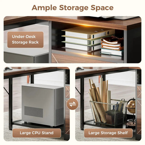 Ample storage space on L Shaped Desk With Wood Drawers And Locking File Cabinet, 61 Inch Corner Office Desk With Power Outlet.