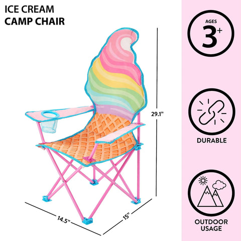 Ice Cream Themed Kids Folding Camp Chair With Cup Holder And Carry Bag Lightweight Portable Seat For Indoor And Outdoor Use