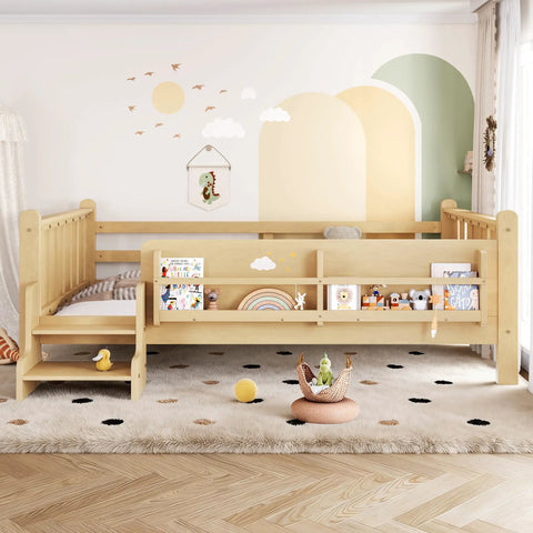 Toddler Floor Bed With Storage Bookcases And Easy Access Stairs Safe Guardrails All Around No Box Spring Needed Light Natural Finish