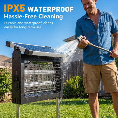 Man cleaning Outdoor Ready 4500V Solar Bug Zapper For Outdoor And Indoor Use With Half Acre Coverage Cordless Rechargeable Electric Mosquito Trap IPX5 Waterproof in backyard