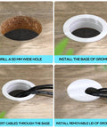 25 Pack 2 Inch Desk Grommets For Dial In Cable Management Sturdy Plastic Cord Hole Covers Keep Your Office Setup Crisp And No Sweat Easy Install Wire Organizers For PC Desks White installation steps with four images showing grommet use and cable management.