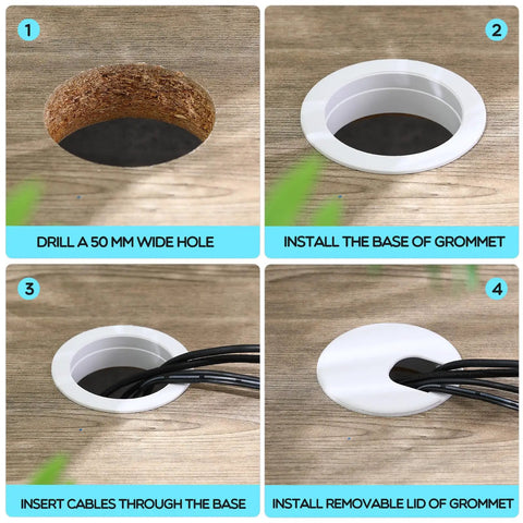 25 Pack 2 Inch Desk Grommets For Dial In Cable Management Sturdy Plastic Cord Hole Covers Keep Your Office Setup Crisp And No Sweat Easy Install Wire Organizers For PC Desks White installation steps with four images showing grommet use and cable management.