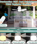 Remote controlled solar powered ceiling fan illuminating patio, showcasing different light temperatures, suitable for outdoor spaces.