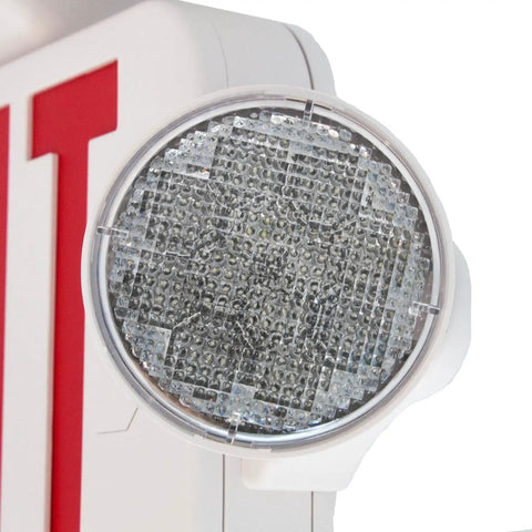 Close-up of Compact Combo Exit Sign With Emergency Lights Red LED, White Housing, showing LED light detail