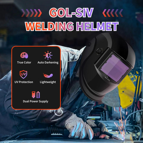 Auto Darkening Welding Helmet With True Color Wide View Screen displayed with welder in background