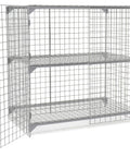 Heavy Duty Wire Mesh Security Locker Two Door Build With Height Adjustable Shelf And Padlock Compatible Latch Rock Solid Construction No Fuss Setup Ample Storage Space Gray with open door and gray metal mesh shelves.
