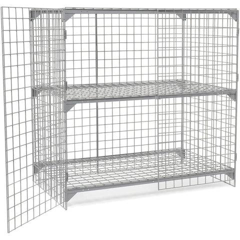 Heavy Duty Wire Mesh Security Locker Two Door Build With Height Adjustable Shelf And Padlock Compatible Latch Rock Solid Construction No Fuss Setup Ample Storage Space Gray with open door and gray metal mesh shelves.