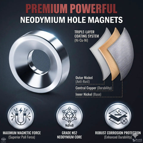 Heavy Duty N50 Neodymium Countersunk Disc Magnets with Screw Secure Flush Mount Setup and Kickass Rare Earth Hold for Cabinets Drawers and Tool Boxes in a tough 50 pack, showcasing a premium neodymium hole magnet design.